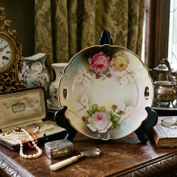 Germany Other - Vintage German Porcelain Handled Cake Plate Hand Painted Pink Roses Gold Trim